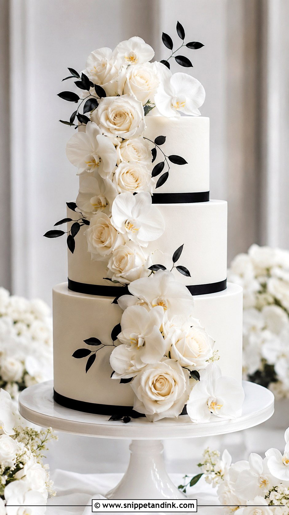 Black And White Wedding Cake With Flowers - Snippet and Ink - 20 Classic Black and White Wedding Cake Ideas