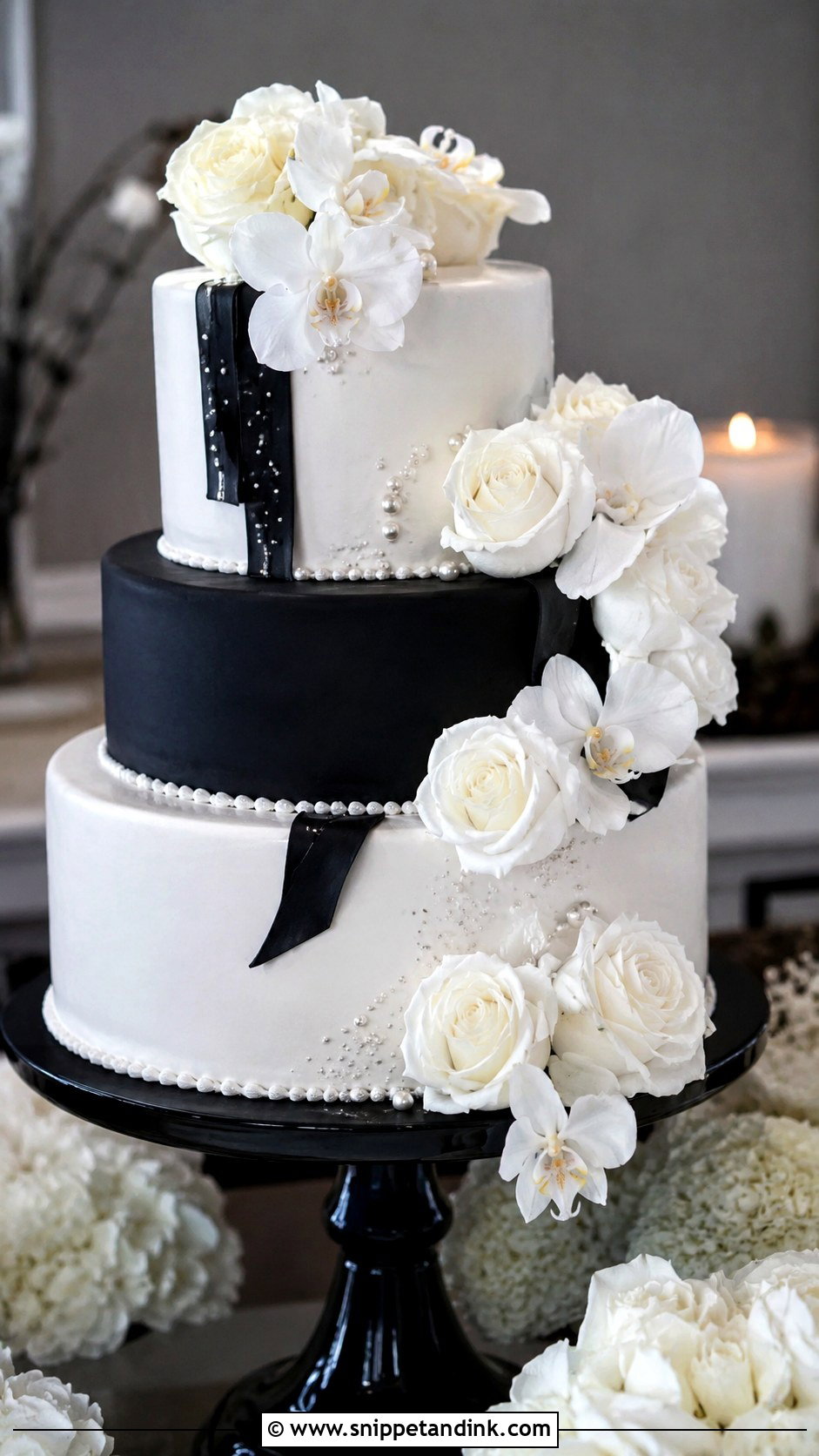 Black And White Wedding Cake With Flowers And Pearls - Snippet and Ink - 30 Wedding Cake Ideas with Flowers and Pearls