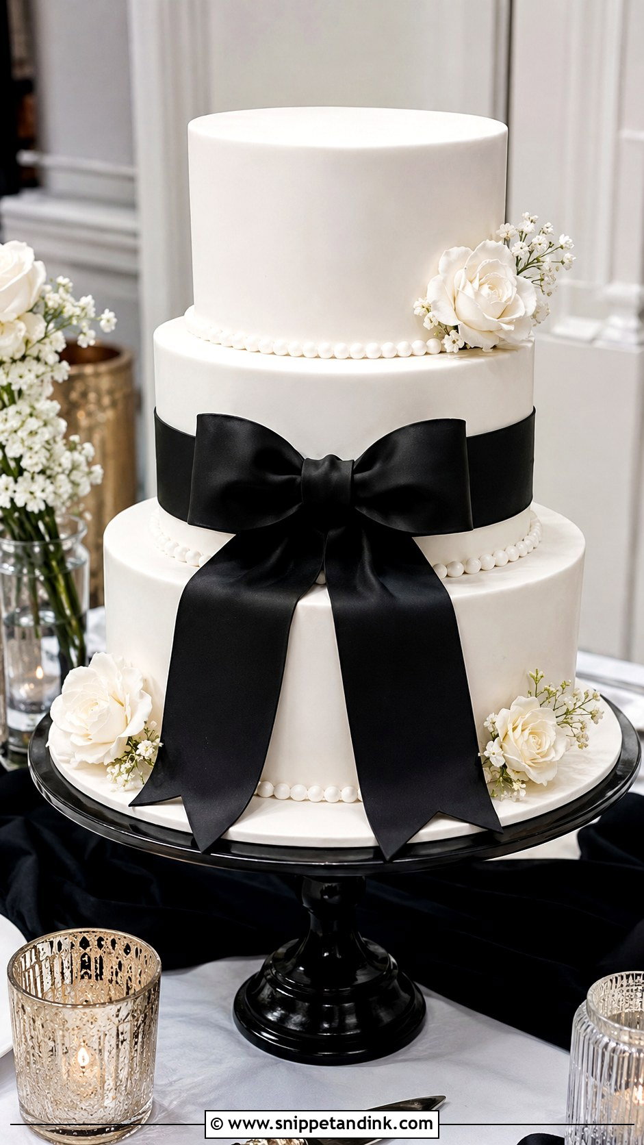 Black And White Wedding Cake With Flowers - Snippet and Ink - 20 Black and White Wedding Cake Ideas
