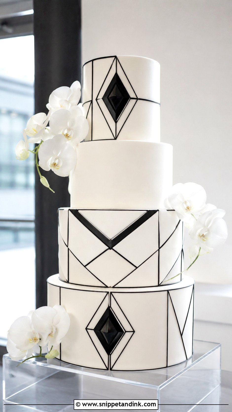 Black And White Wedding Cake With Geometric Pattern - Snippet and Ink - 20 Black and White Wedding Cake Ideas