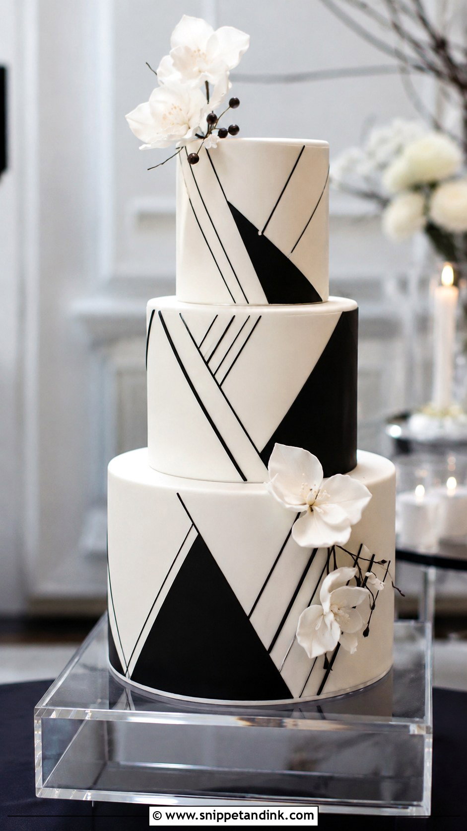 Black And White Wedding Cake With Geometric Pattern - Snippet and Ink - 20 Black and White Modern Wedding Cake Ideas