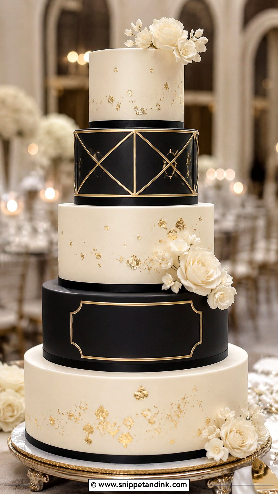Black And White Wedding Cake With Gold - Snippet and Ink - 20 Black and White Wedding Cake Ideas
