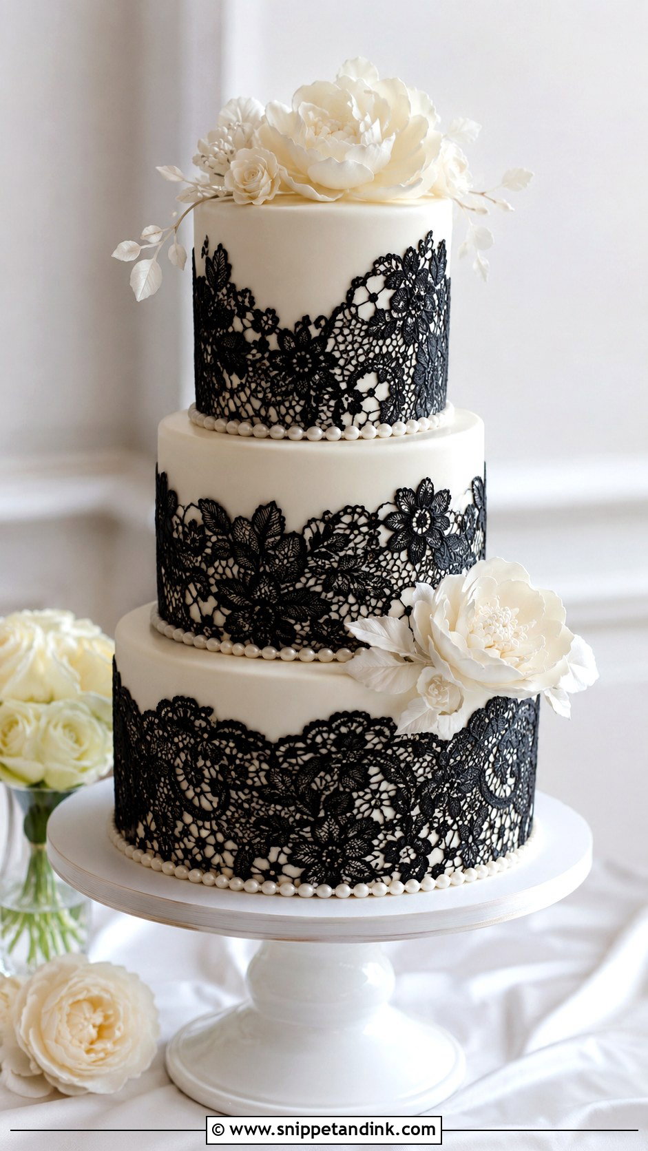 Black And White Wedding Cake With Lace - Snippet and Ink - 20 Classic Black and White Wedding Cake Ideas