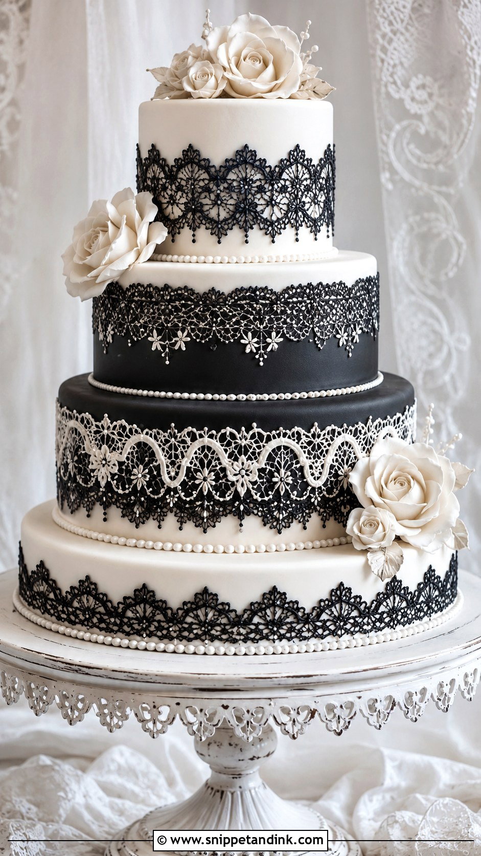 Black And White Wedding Cake With Lace - Snippet and Ink - 20 Black and White Wedding Cake Ideas