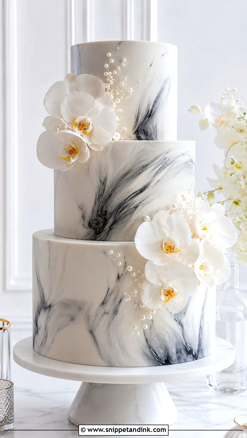 Black And White Wedding Cake With Marble Tiers - Snippet and Ink - 20 Black and White Modern Wedding Cake Ideas