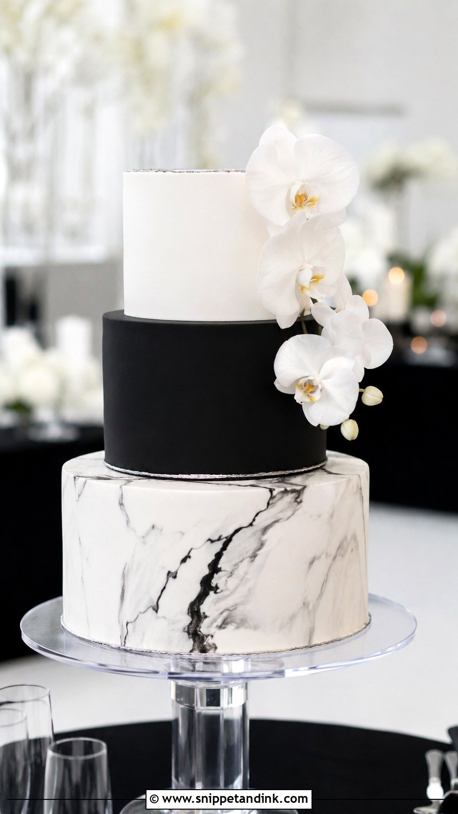 Black And White Wedding Cake With Marble - Snippet and Ink - 20 Black and White Wedding Cake Ideas
