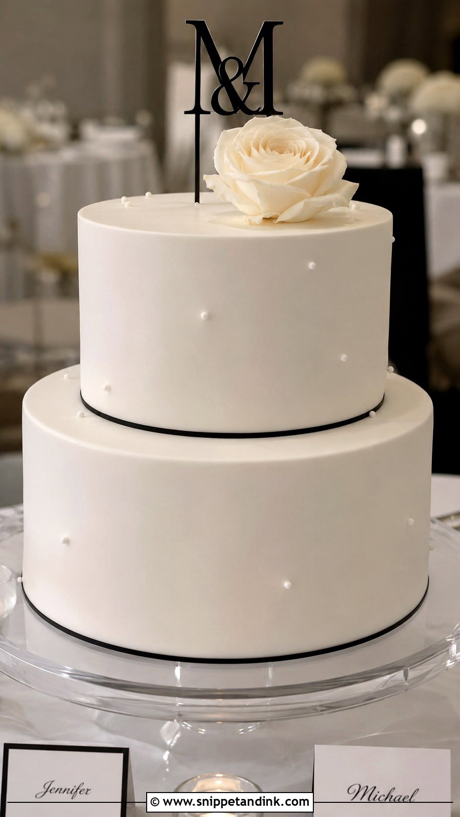Black And White Wedding Cake With Minimal Topper - Snippet and Ink - 20 Black and White Modern Wedding Cake Ideas