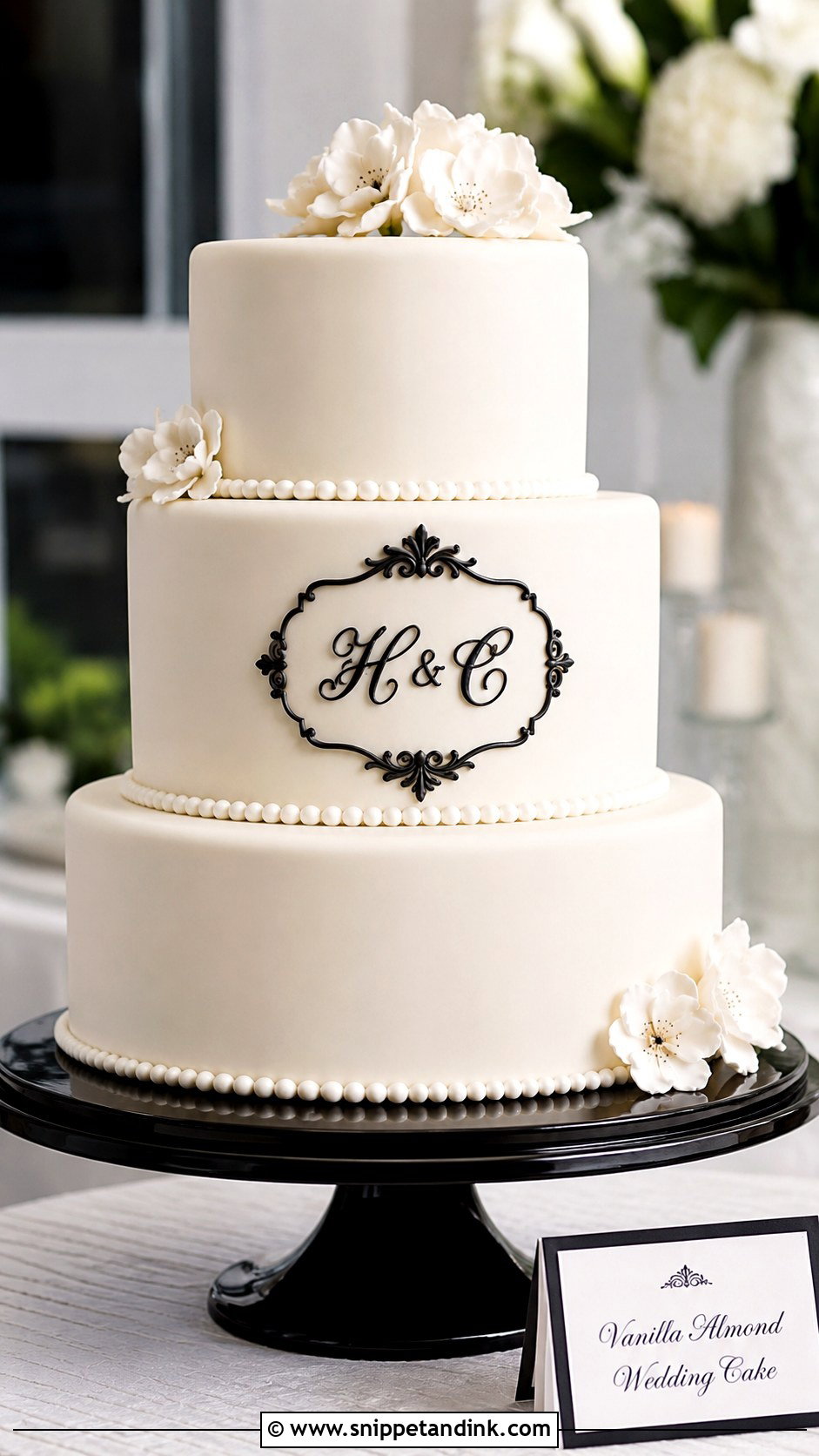 Black And White Wedding Cake With Monogram - Snippet and Ink - 20 Black and White Wedding Cake Ideas