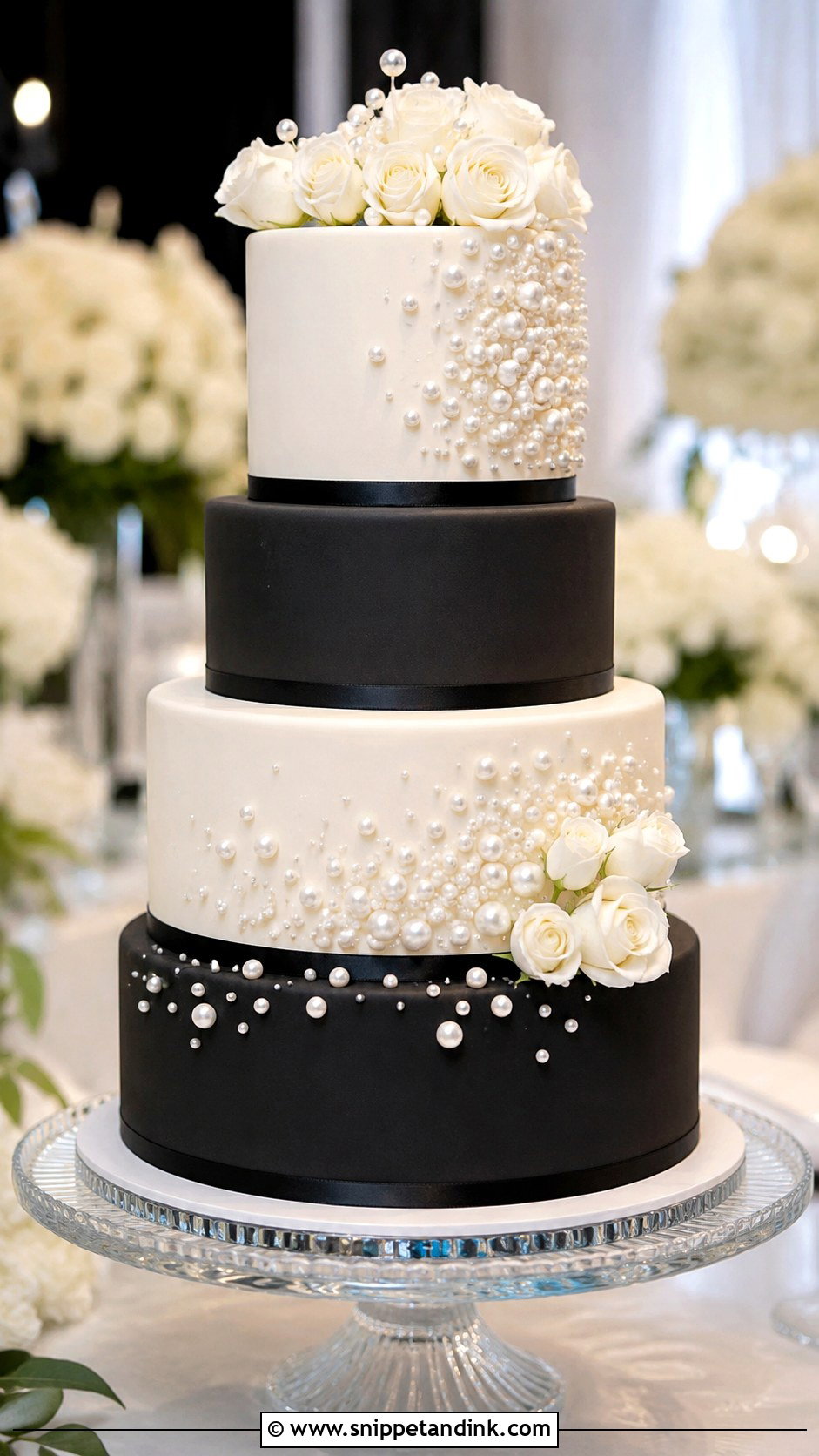 Black And White Wedding Cake With Pearl Details - Snippet and Ink - 20 Black and White Modern Wedding Cake Ideas