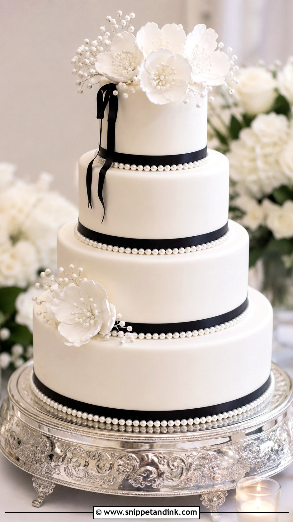 Black And White Wedding Cake With Pearls - Snippet and Ink - 20 Classic Black and White Wedding Cake Ideas