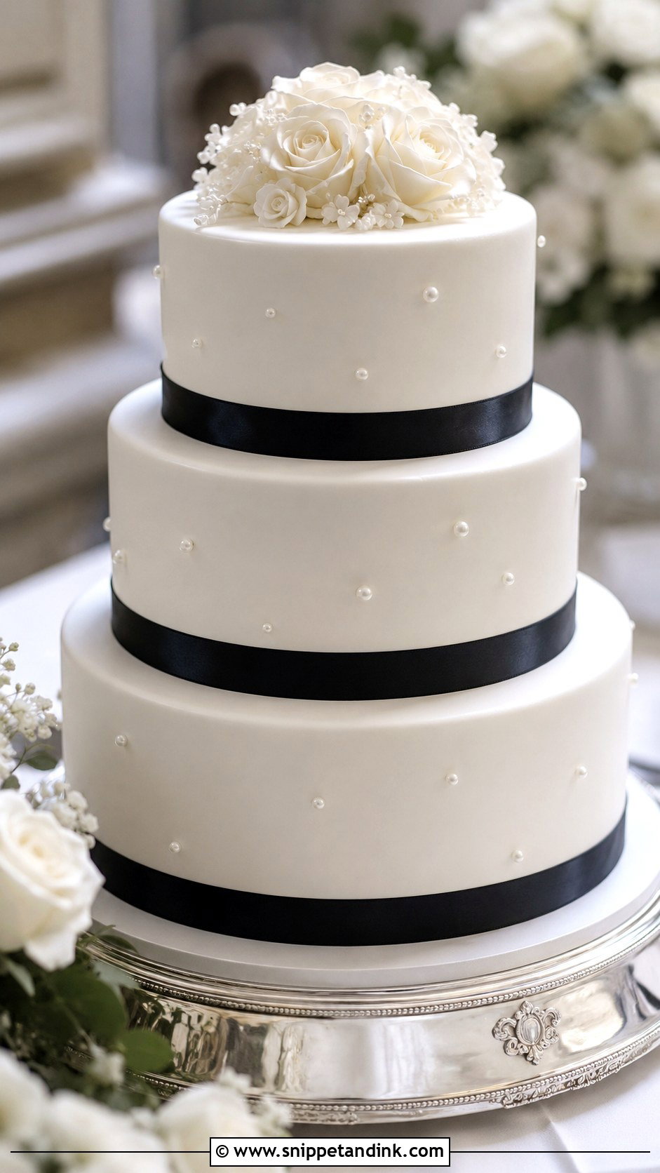 Black And White Wedding Cake With Ribbon - Snippet and Ink - 20 Classic Black and White Wedding Cake Ideas