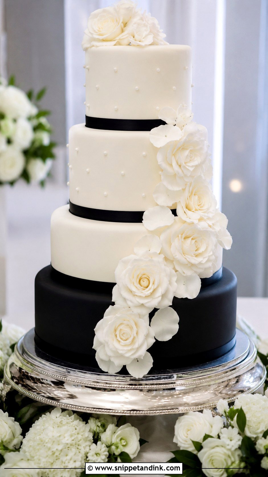 Black And White Wedding Cake With Roses - Snippet and Ink - 20 Classic Black and White Wedding Cake Ideas