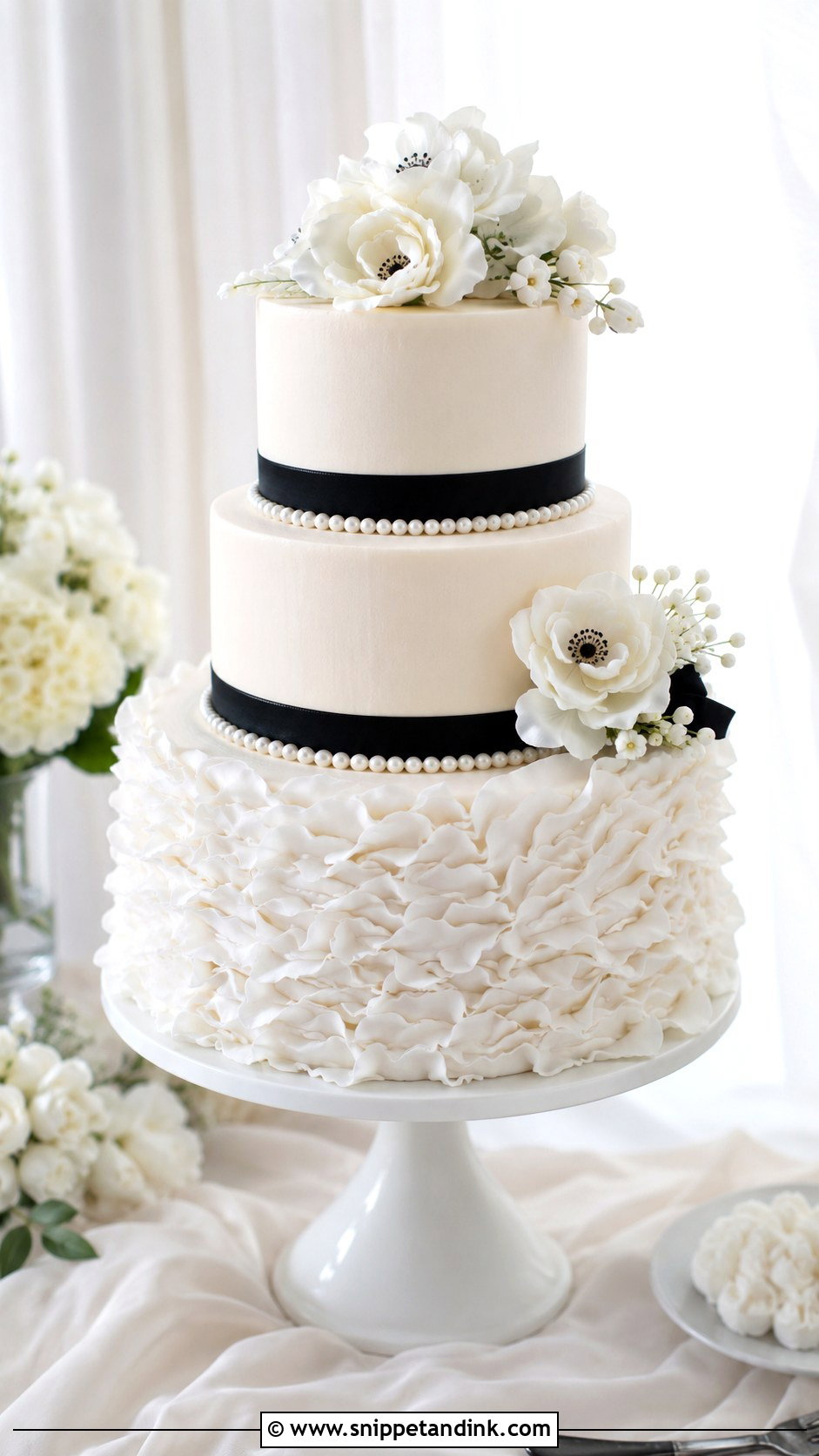 Black And White Wedding Cake With Ruffles - Snippet and Ink - 20 Classic Black and White Wedding Cake Ideas
