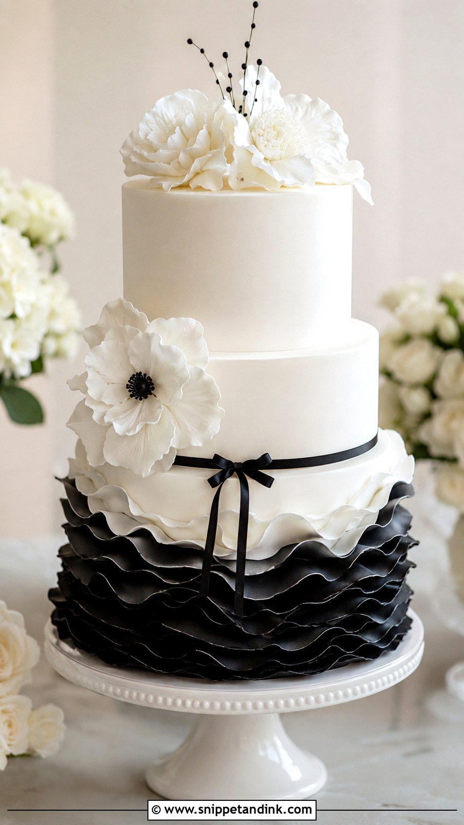 Black And White Wedding Cake With Ruffles - Snippet and Ink - 20 Black and White Wedding Cake Ideas