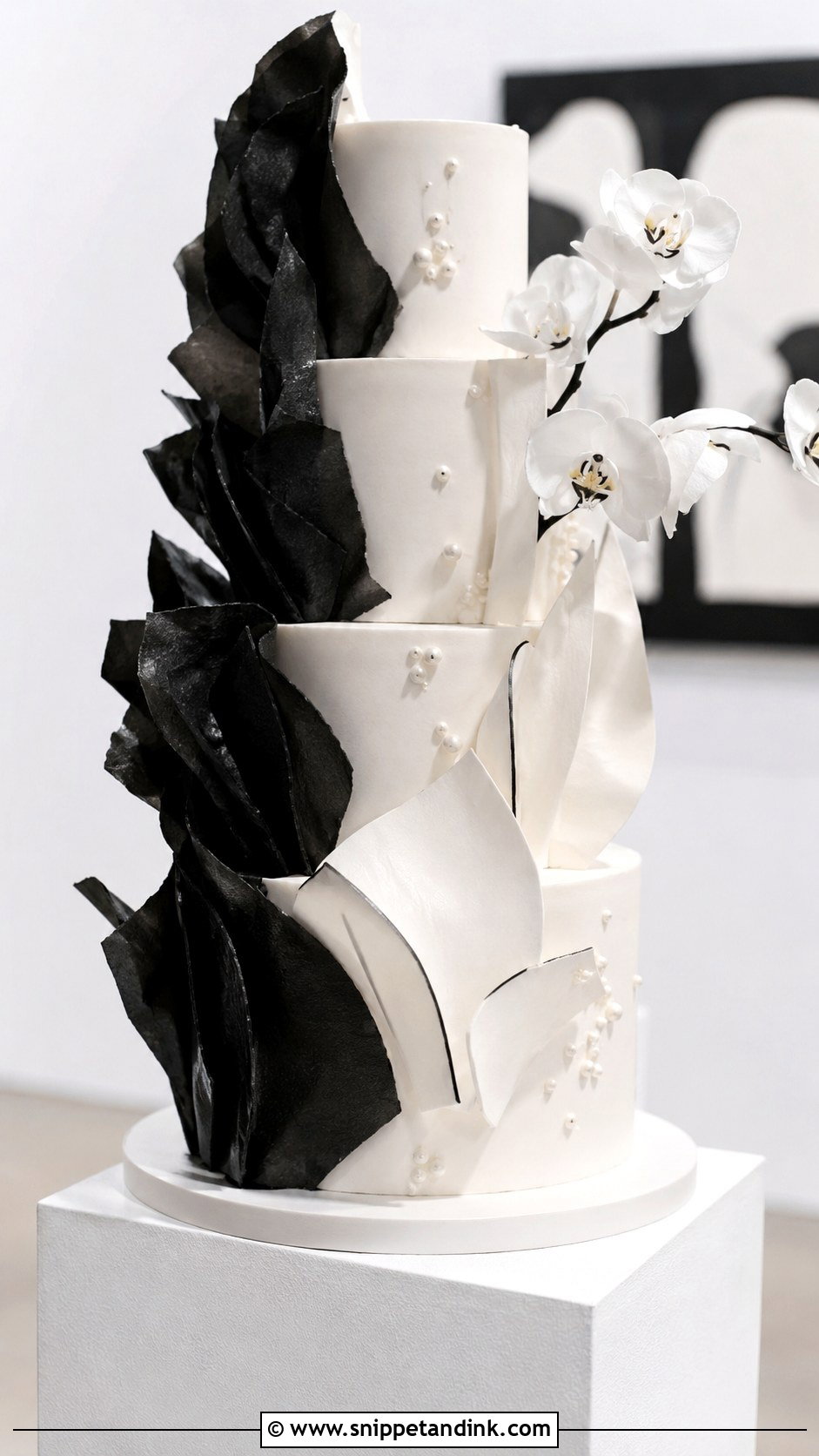 Black And White Wedding Cake With Sculptural Texture - Snippet and Ink - 20 Black and White Modern Wedding Cake Ideas