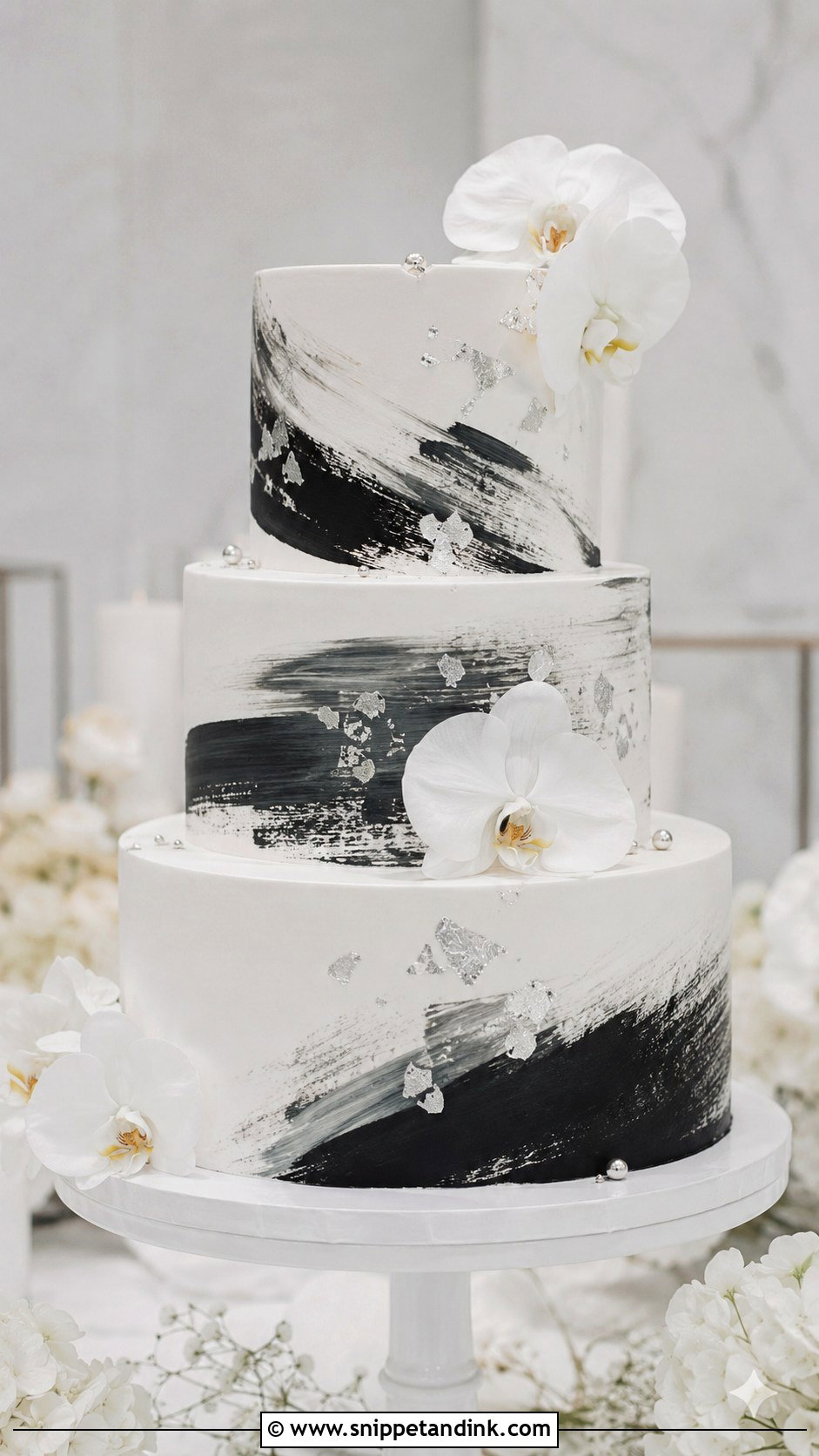 Black And White Wedding Cake With Silver Leaf - Snippet and Ink - 20 Black White and Silver Wedding Cake Ideas