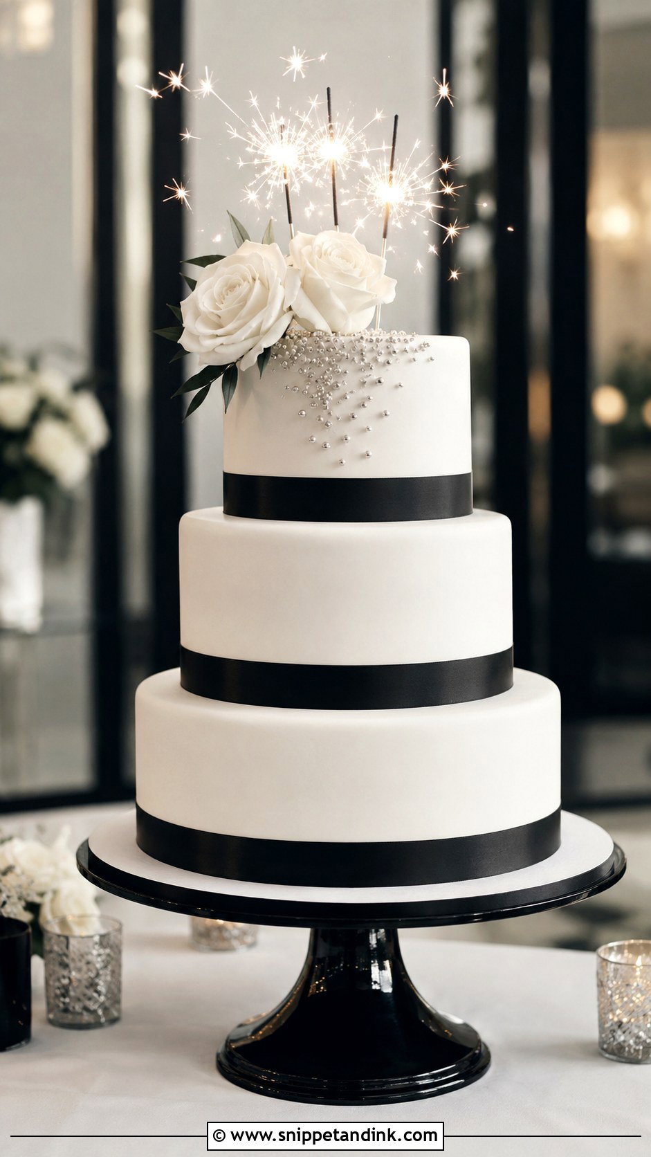 Black And White Wedding Cake With Sparklers - Snippet and Ink - 20 Cake Ideas with Sparklers for Wedding