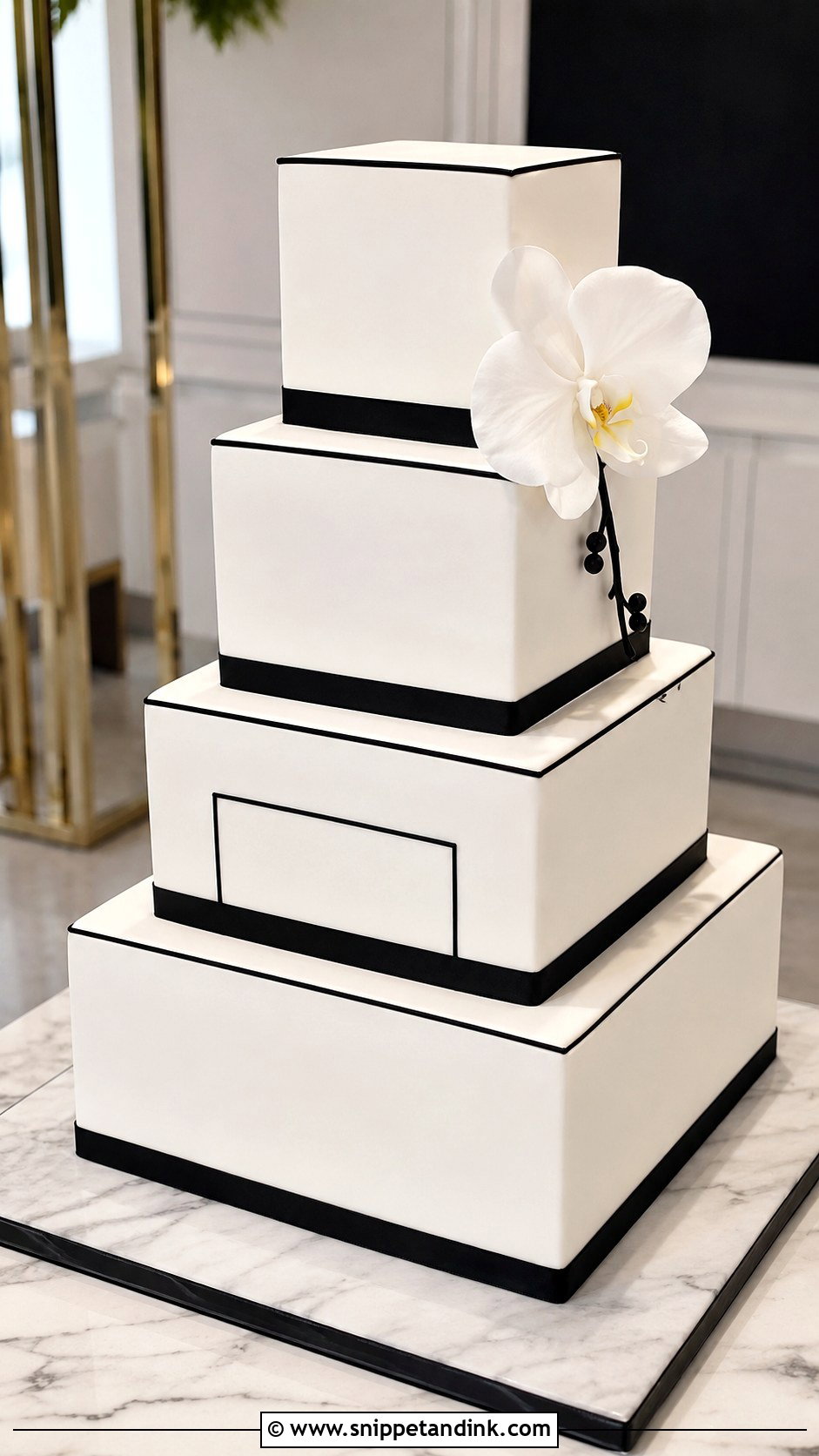 Black And White Wedding Cake With Square Tiers - Snippet and Ink - 20 Black and White Modern Wedding Cake Ideas