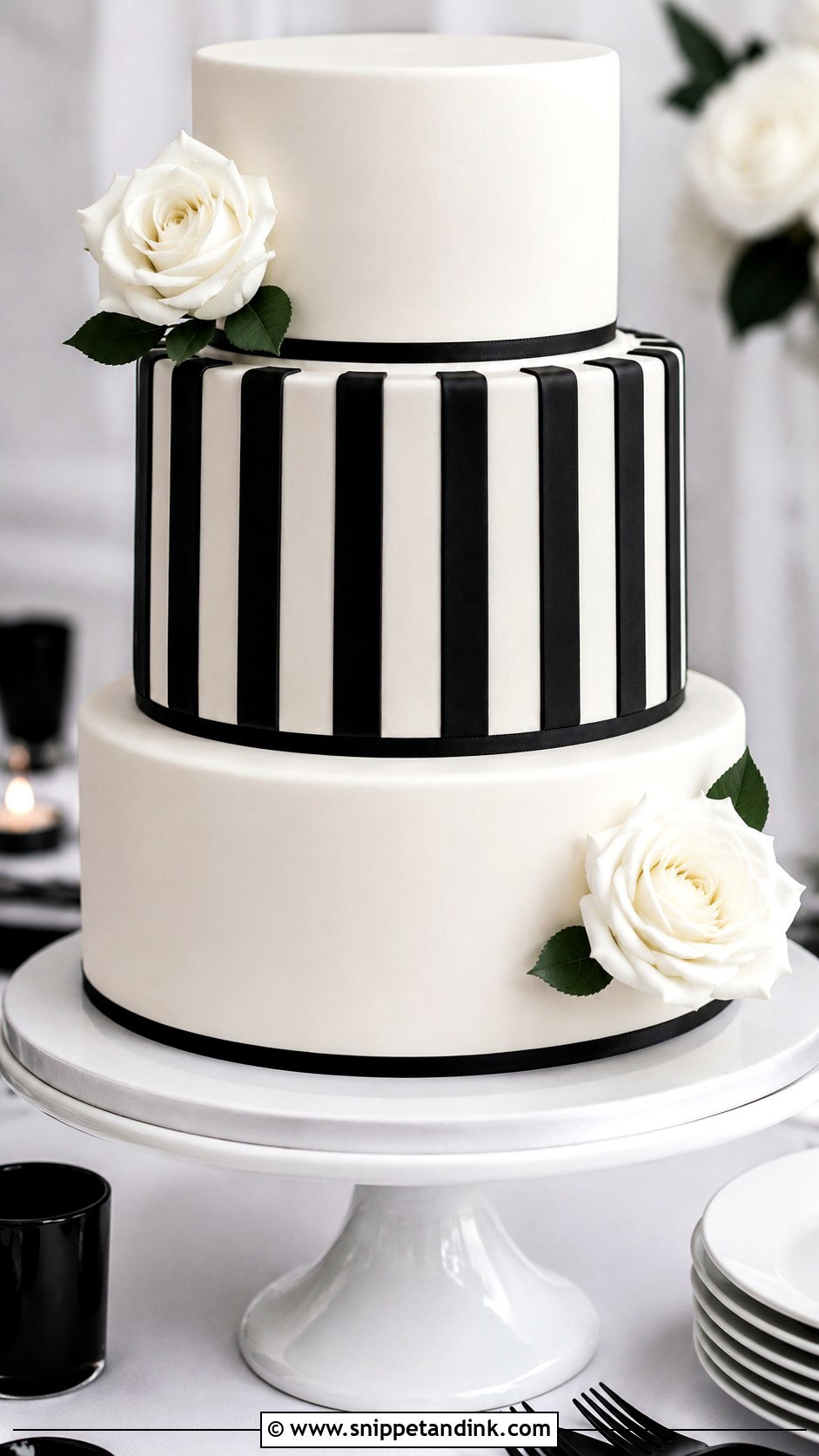 Black And White Wedding Cake With Stripes - Snippet and Ink - 20 Black and White Modern Wedding Cake Ideas