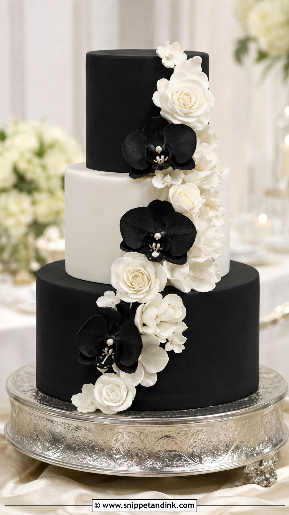 Black And White Wedding Cake With Sugar Flowers - Snippet and Ink - 20 Black and White Wedding Cake Ideas