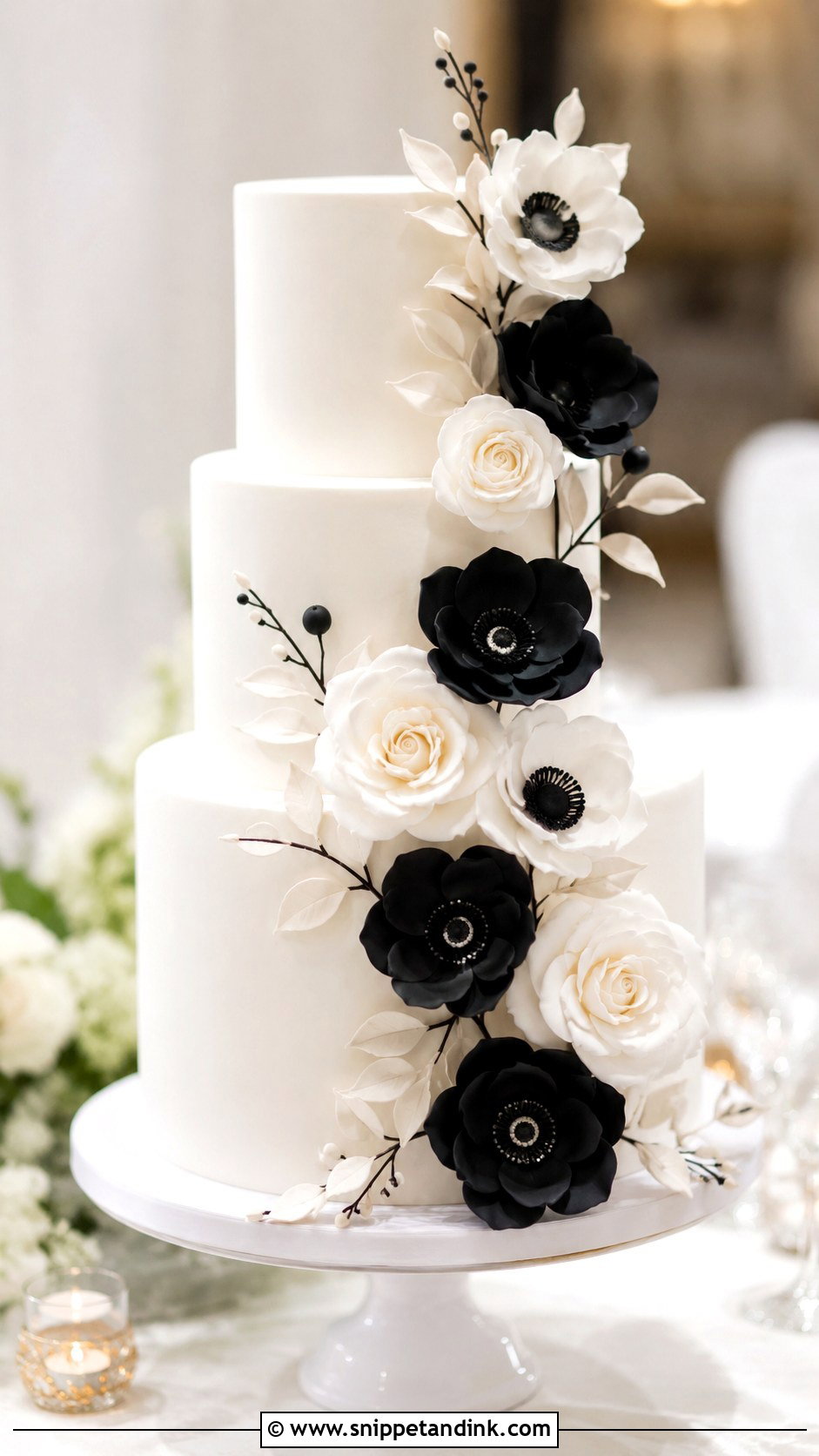 Black And White Wedding Cake With Sugar Flowers - Snippet and Ink - 20 Black and White Modern Wedding Cake Ideas
