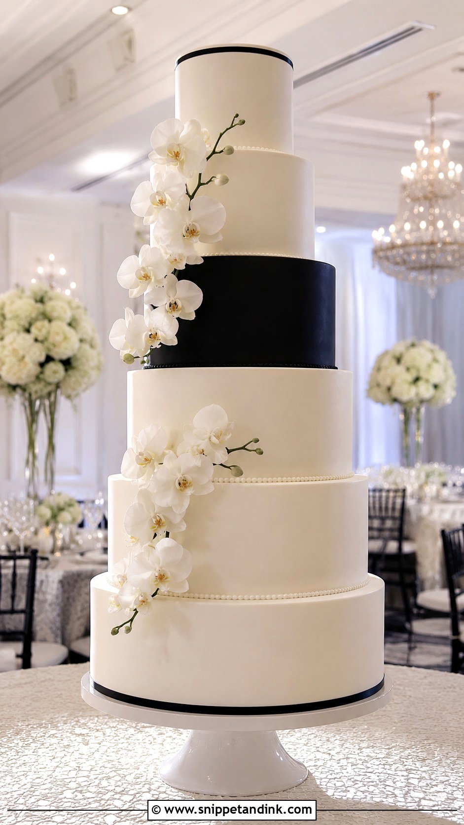 Black And White Wedding Cake With Tall Tiers - Snippet and Ink - 20 Black and White Wedding Cake Ideas