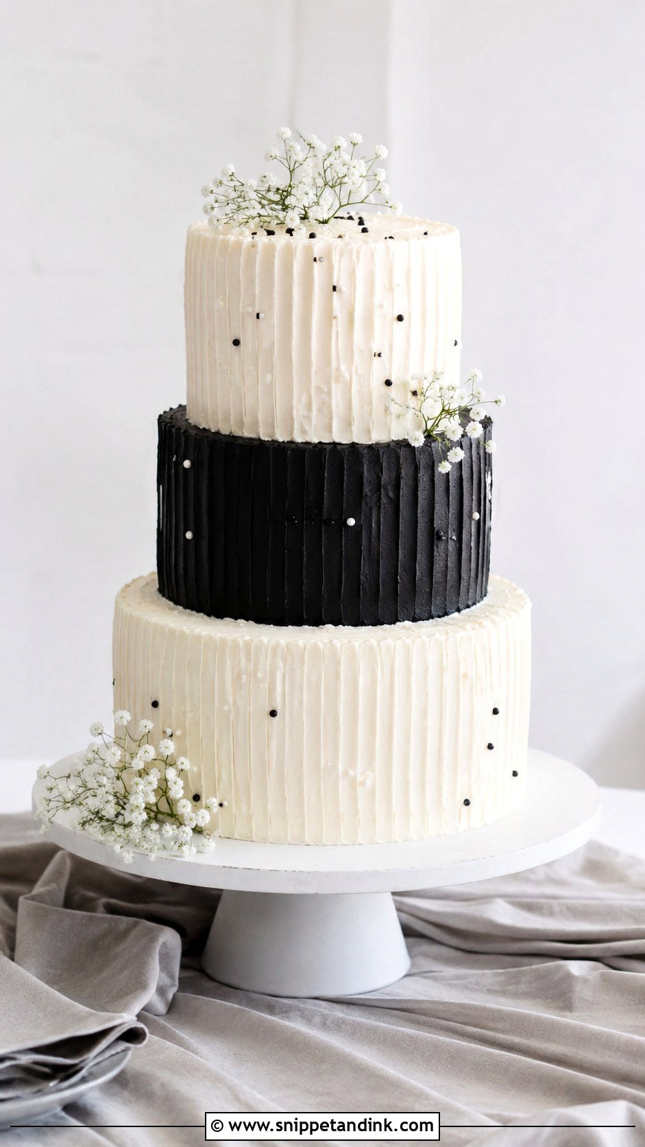 Black And White Wedding Cake With Textured Buttercream - Snippet and Ink - 20 Black and White Modern Wedding Cake Ideas