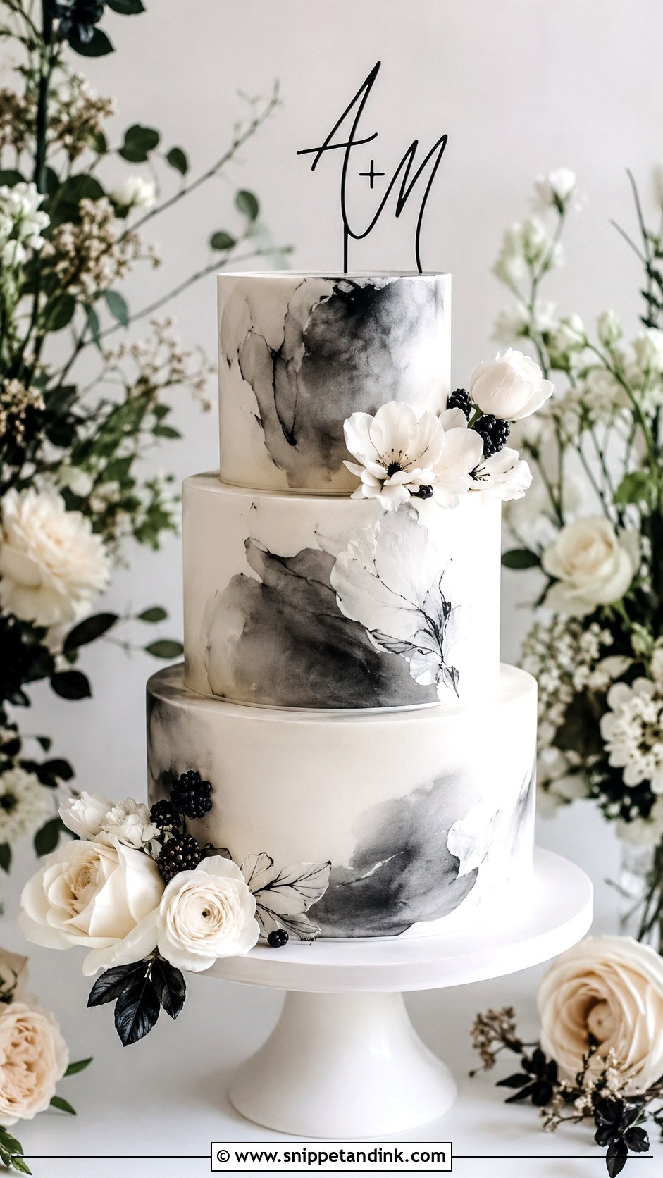 Black And White Wedding Cake With Watercolor Finish - Snippet and Ink - 20 Black and White Modern Wedding Cake Ideas