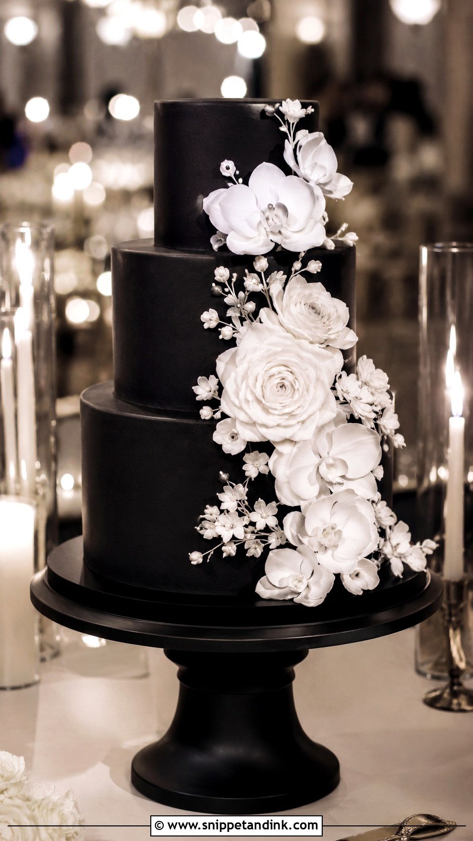 Black And White Wedding Cake With White Flowers - Snippet and Ink - 20 Black and White Modern Wedding Cake Ideas