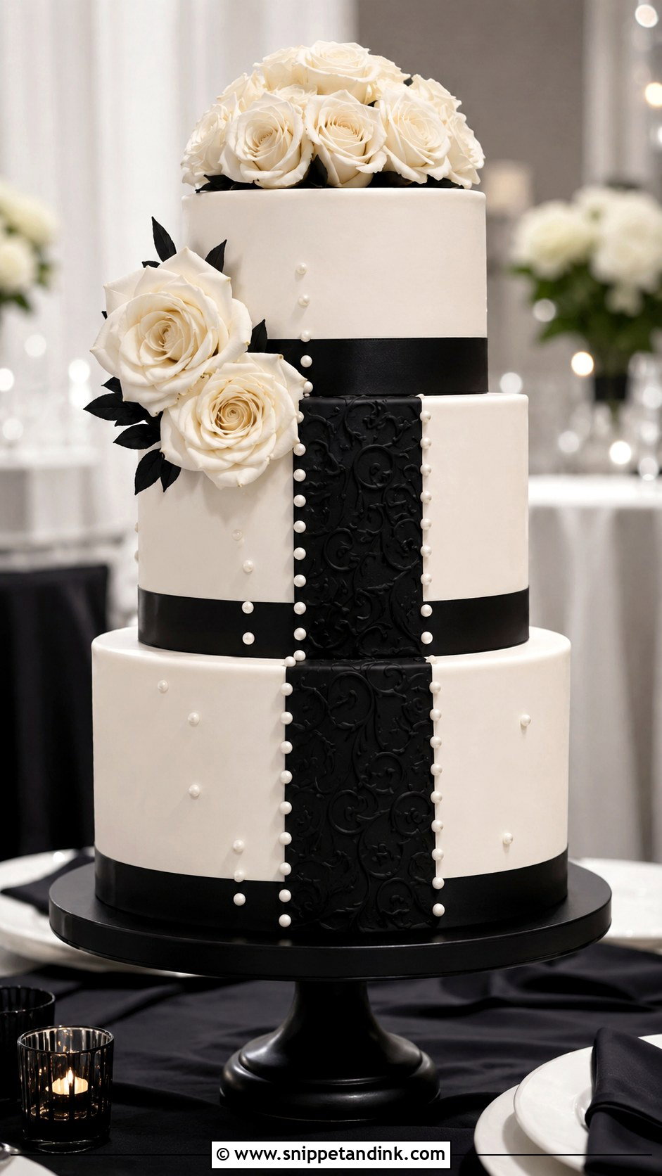 Black And White Wedding Cake on Pedestal - Snippet and Ink - 20 Wedding Cake Ideas on Pedestals