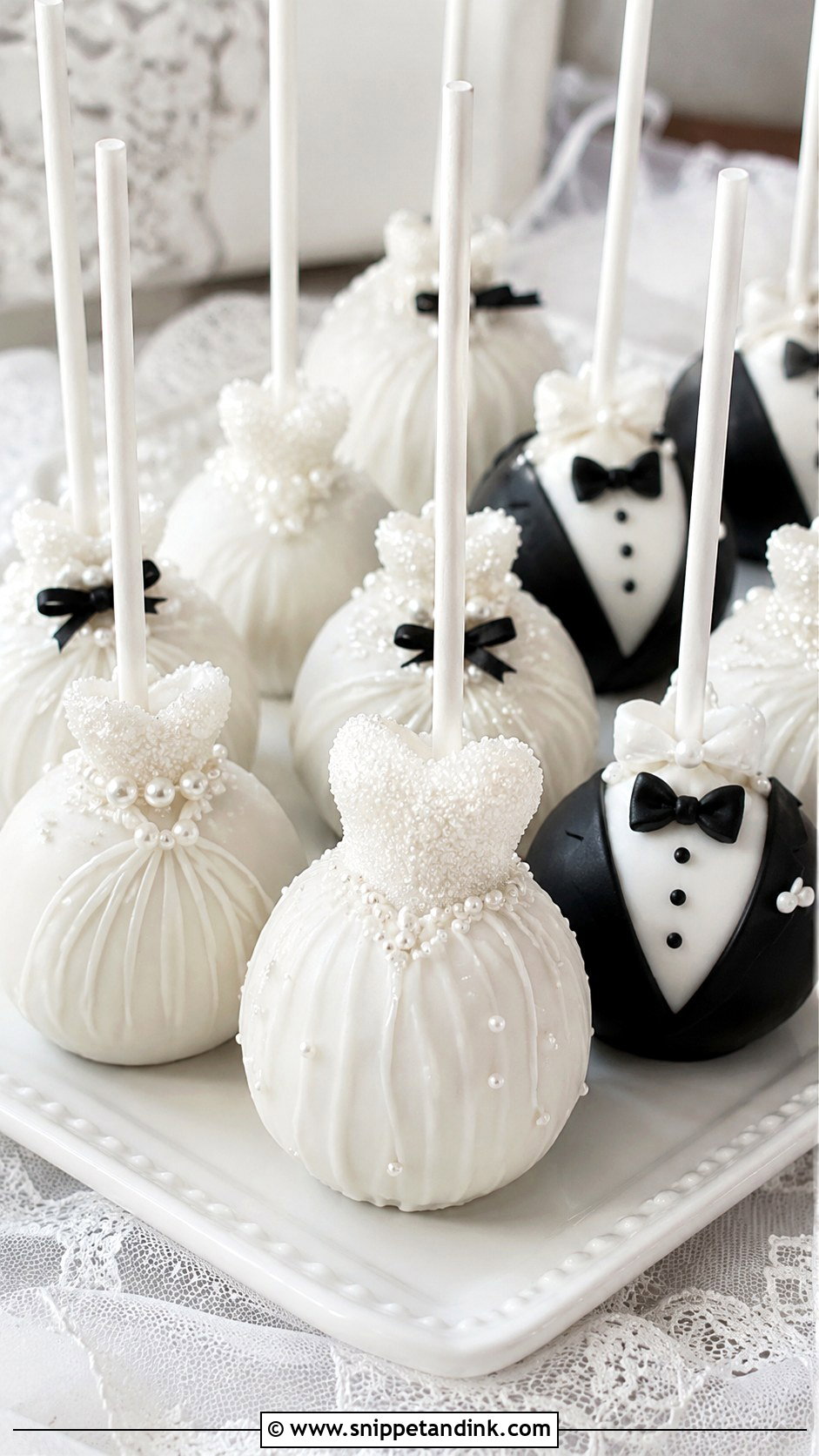 Black And White Wedding Dress Cake Pops - Snippet and Ink - 20 Black and White Wedding Cake Pops