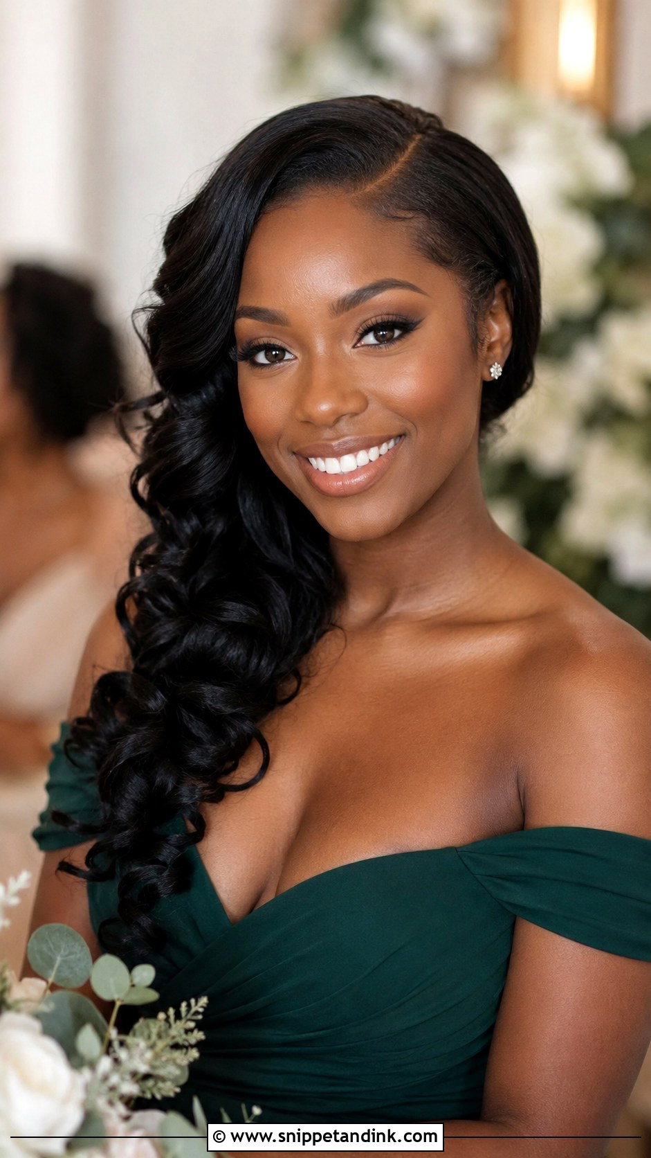 Black Bridesmaid Side Swept Curls - Snippet and Ink - 20 Black Bridesmaid Hairstyles