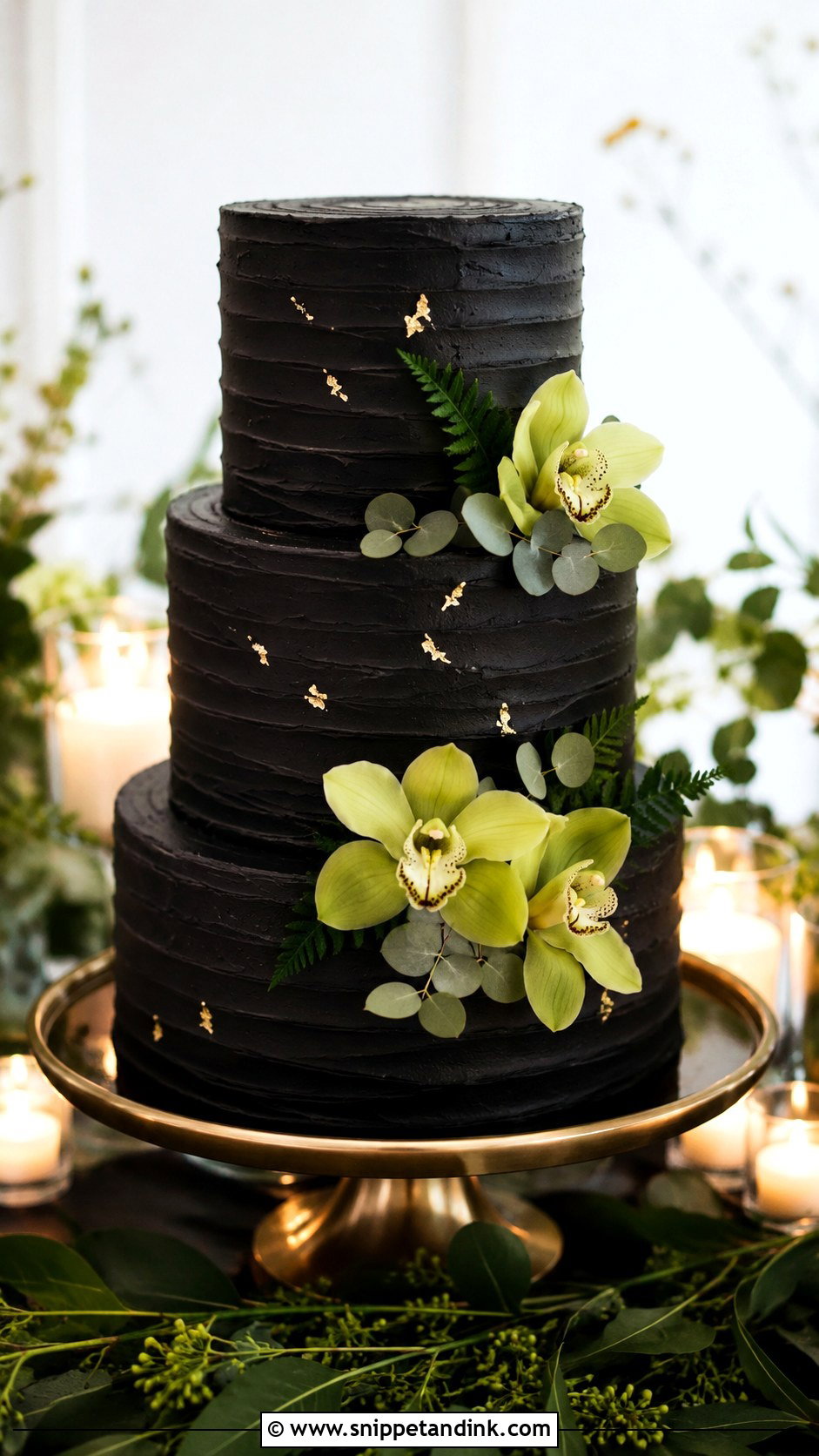 Black Buttercream Wedding Cake With Green Flowers - Snippet and Ink - 20 Black Green and Gold Wedding Cake Ideas