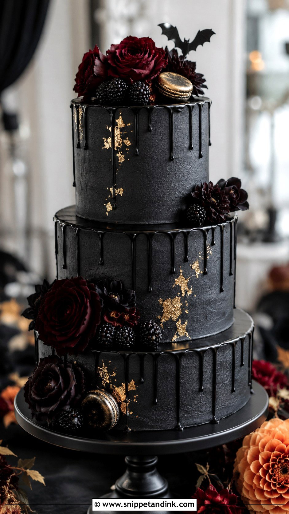 Black Drip Halloween Wedding Cake - Snippet and Ink - 25 Elegant Halloween Wedding Cake Ideas