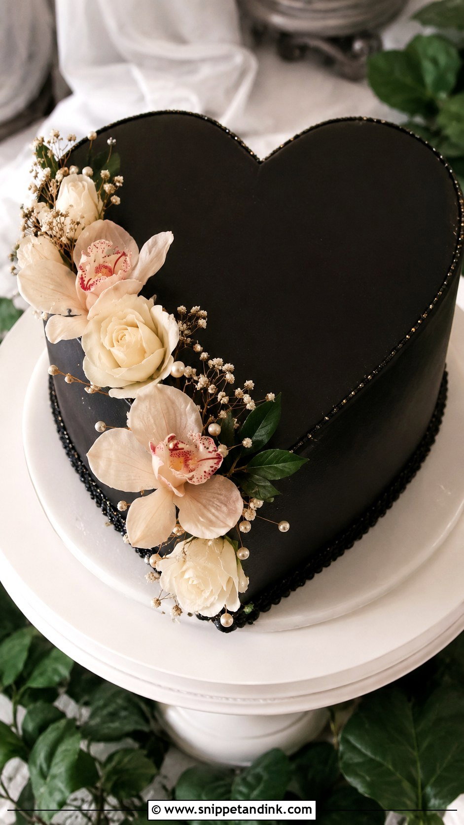 Black Floral Heart Wedding Cake - Snippet and Ink - 20 Black Heart Cake Ideas with Glitter for Wedding