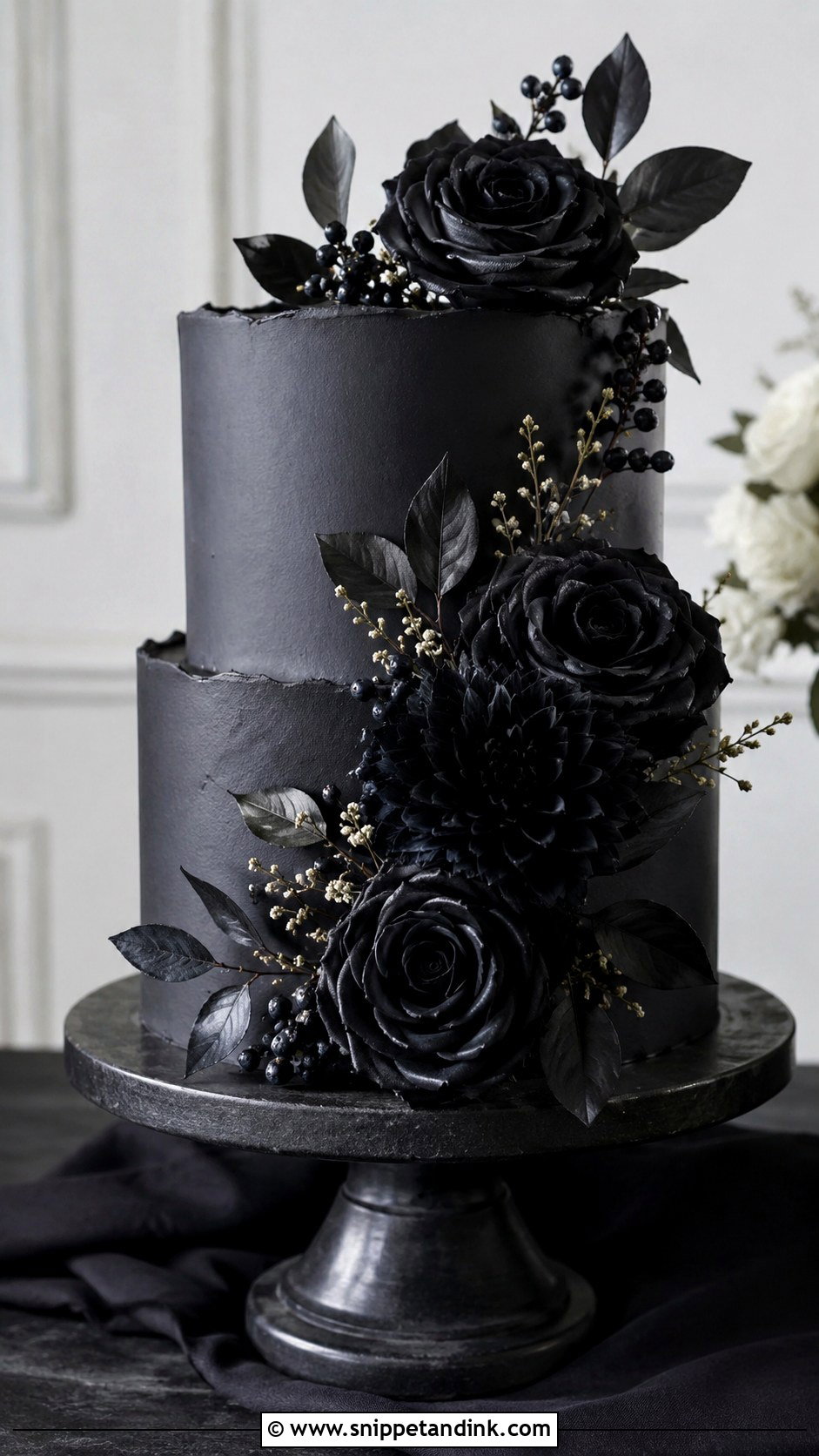 Black Floral Wedding Cake With Black Flowers - Snippet and Ink - 20 Black Floral Cake Ideas for Wedding