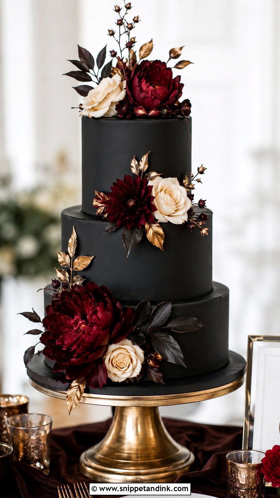 Black Floral Wedding Cake With Burgundy Flowers - Snippet and Ink - 20 Black Floral Cake Ideas for Wedding