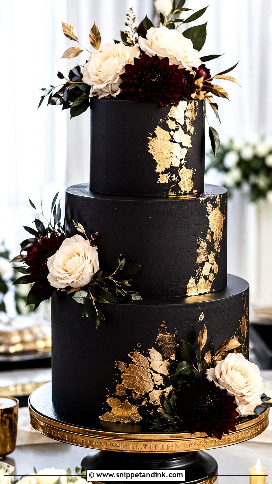 Black Floral Wedding Cake With Gold Leaf - Snippet and Ink - 20 Black Floral Cake Ideas for Wedding