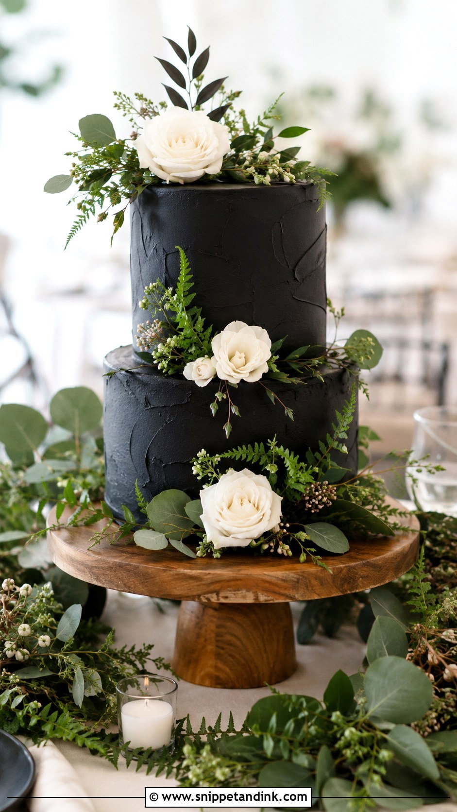 Black Floral Wedding Cake With Greenery - Snippet and Ink - 20 Black Floral Cake Ideas for Wedding