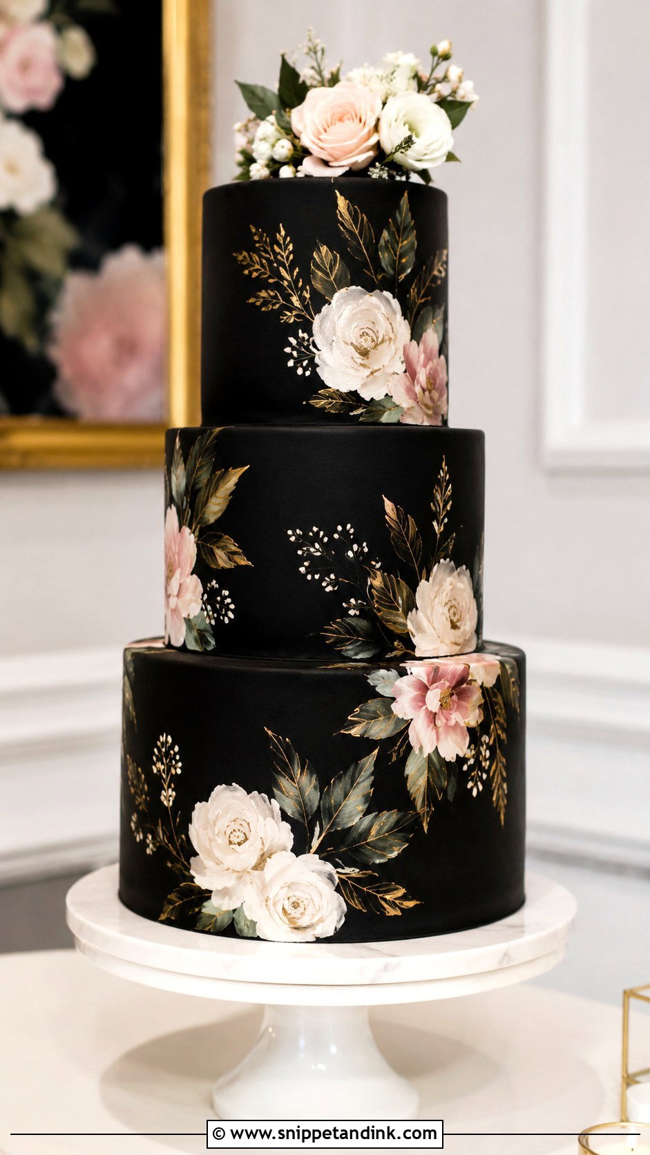 Black Floral Wedding Cake With Hand Painted Flowers - Snippet and Ink - 20 Black Floral Cake Ideas for Wedding