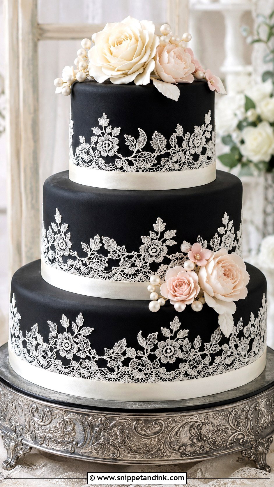 Black Floral Wedding Cake With Lace - Snippet and Ink - 20 Black Floral Cake Ideas for Wedding