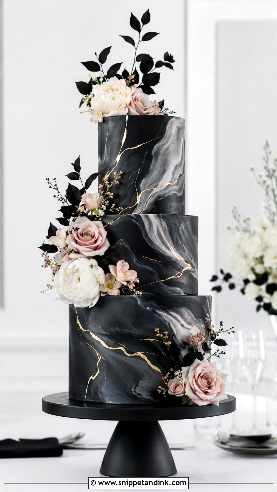 Black Floral Wedding Cake With Marble Tiers - Snippet and Ink - 20 Black Floral Cake Ideas for Wedding