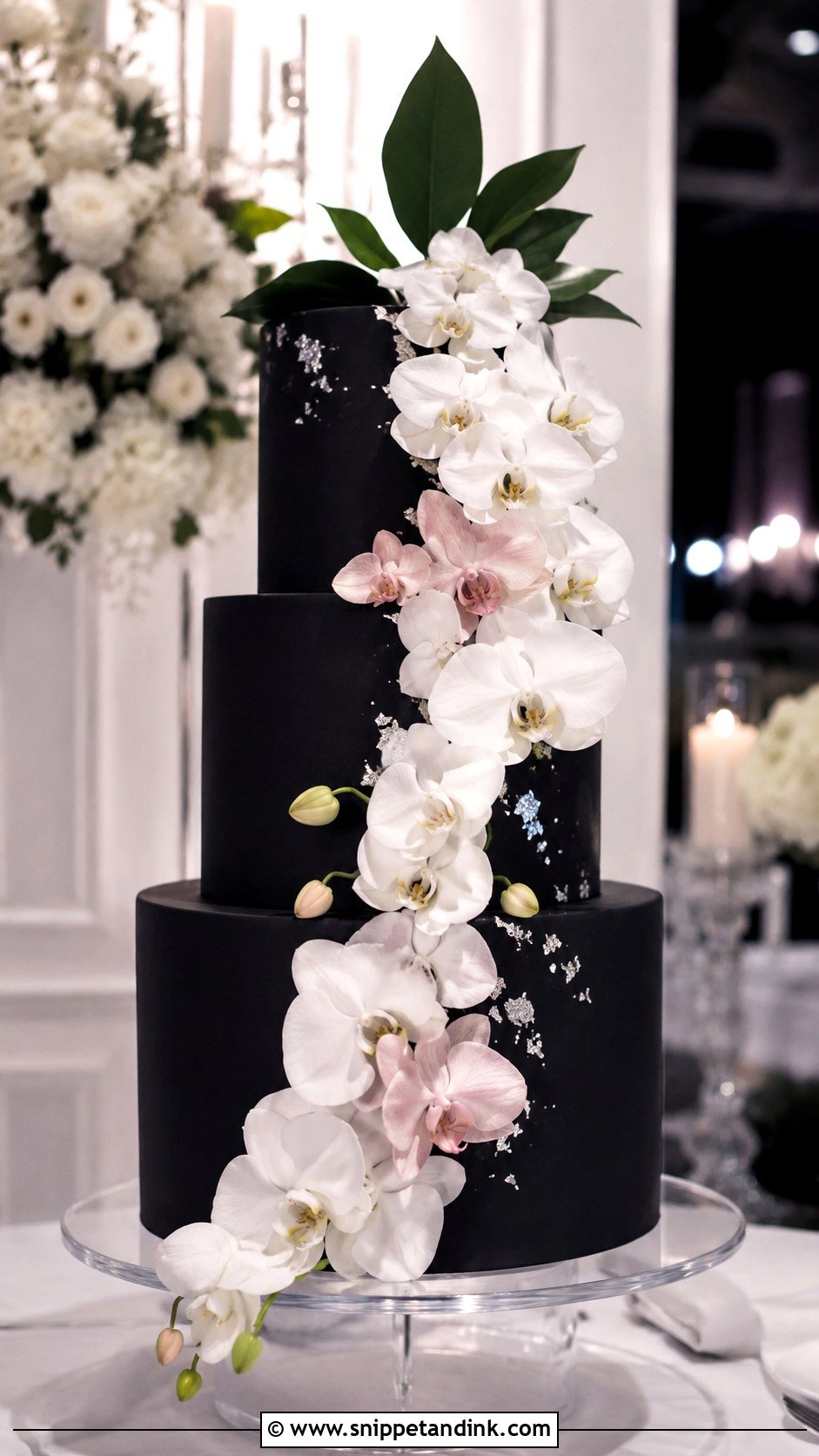 Black Floral Wedding Cake With Orchids - Snippet and Ink - 20 Black Floral Cake Ideas for Wedding