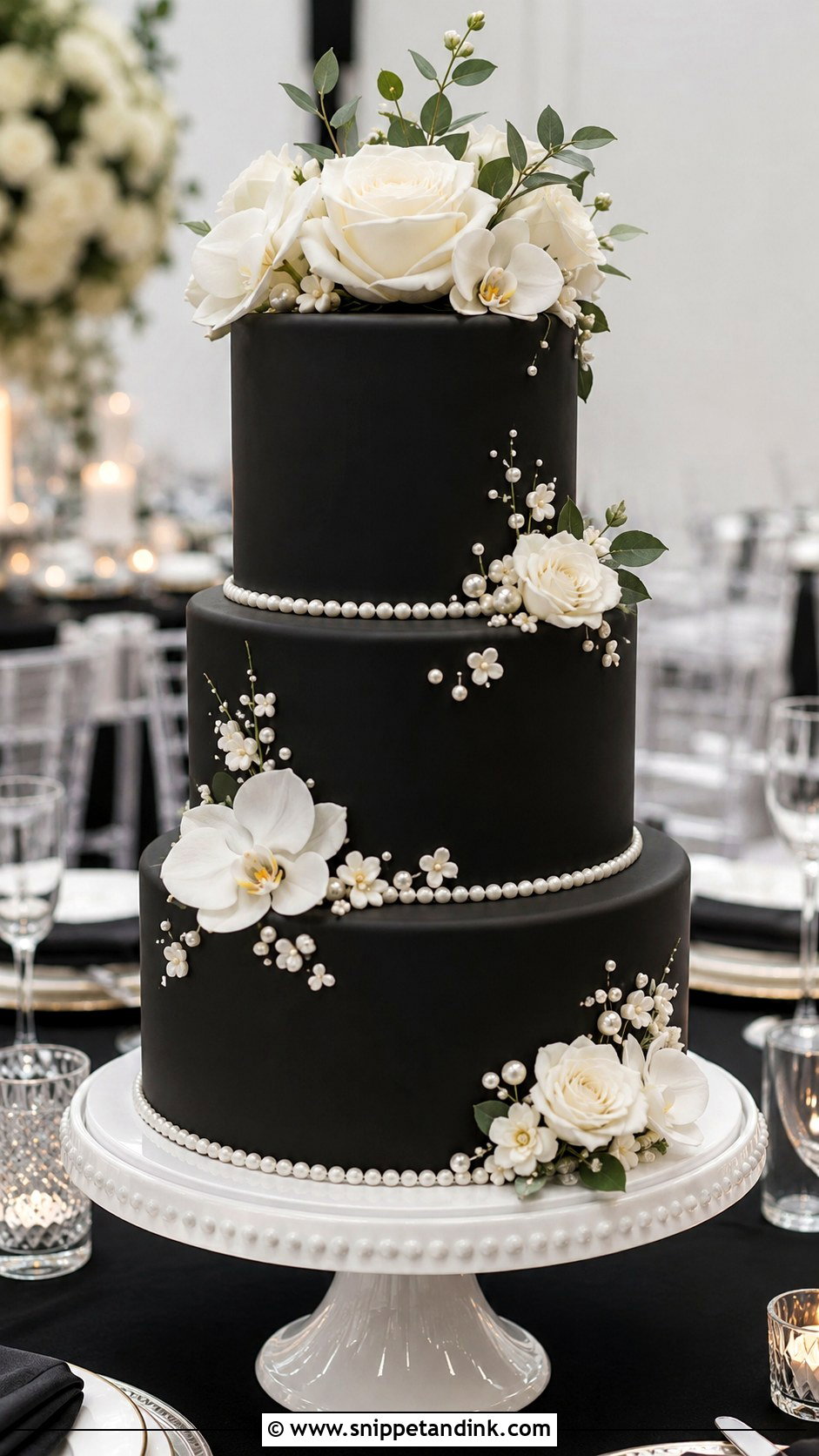 Black Floral Wedding Cake With Pearl Details - Snippet and Ink - 20 Black Floral Cake Ideas for Wedding