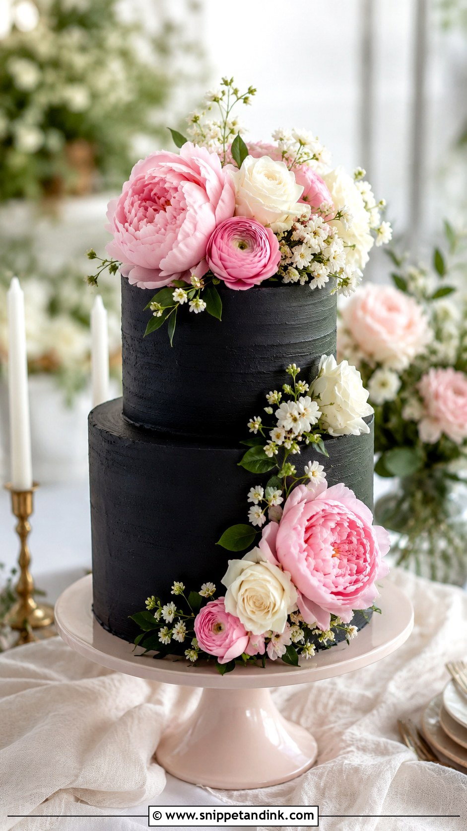 Black Floral Wedding Cake With Pink Flowers - Snippet and Ink - 20 Black Floral Cake Ideas for Wedding