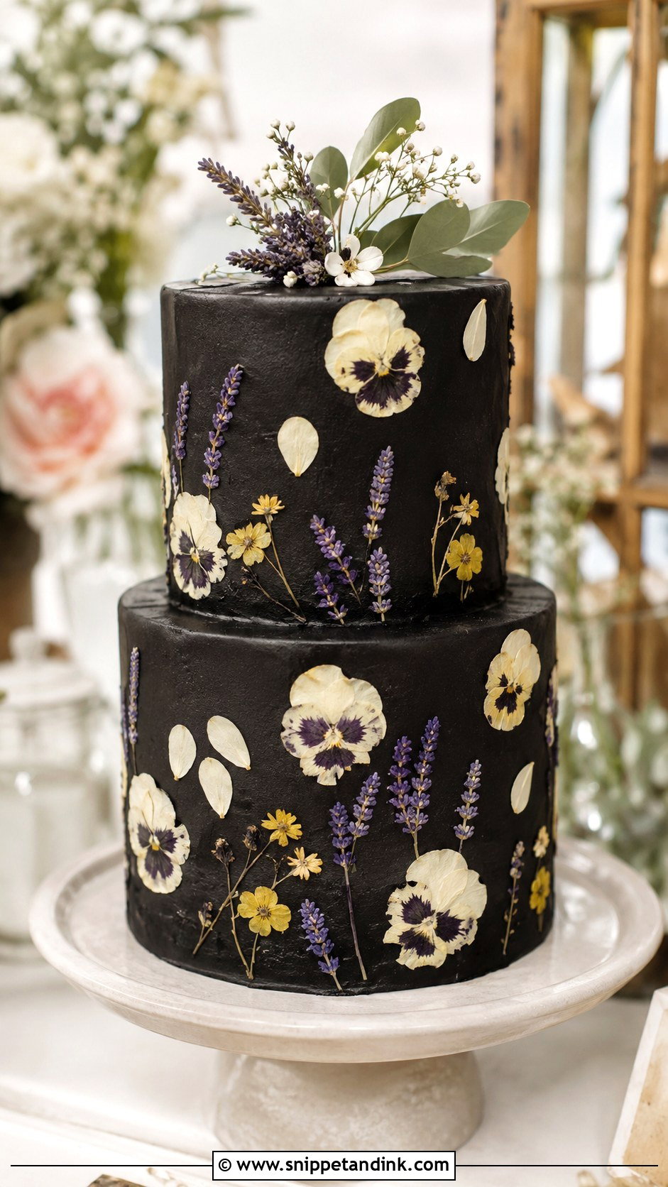 Black Floral Wedding Cake With Pressed Flowers - Snippet and Ink - 20 Black Floral Cake Ideas for Wedding