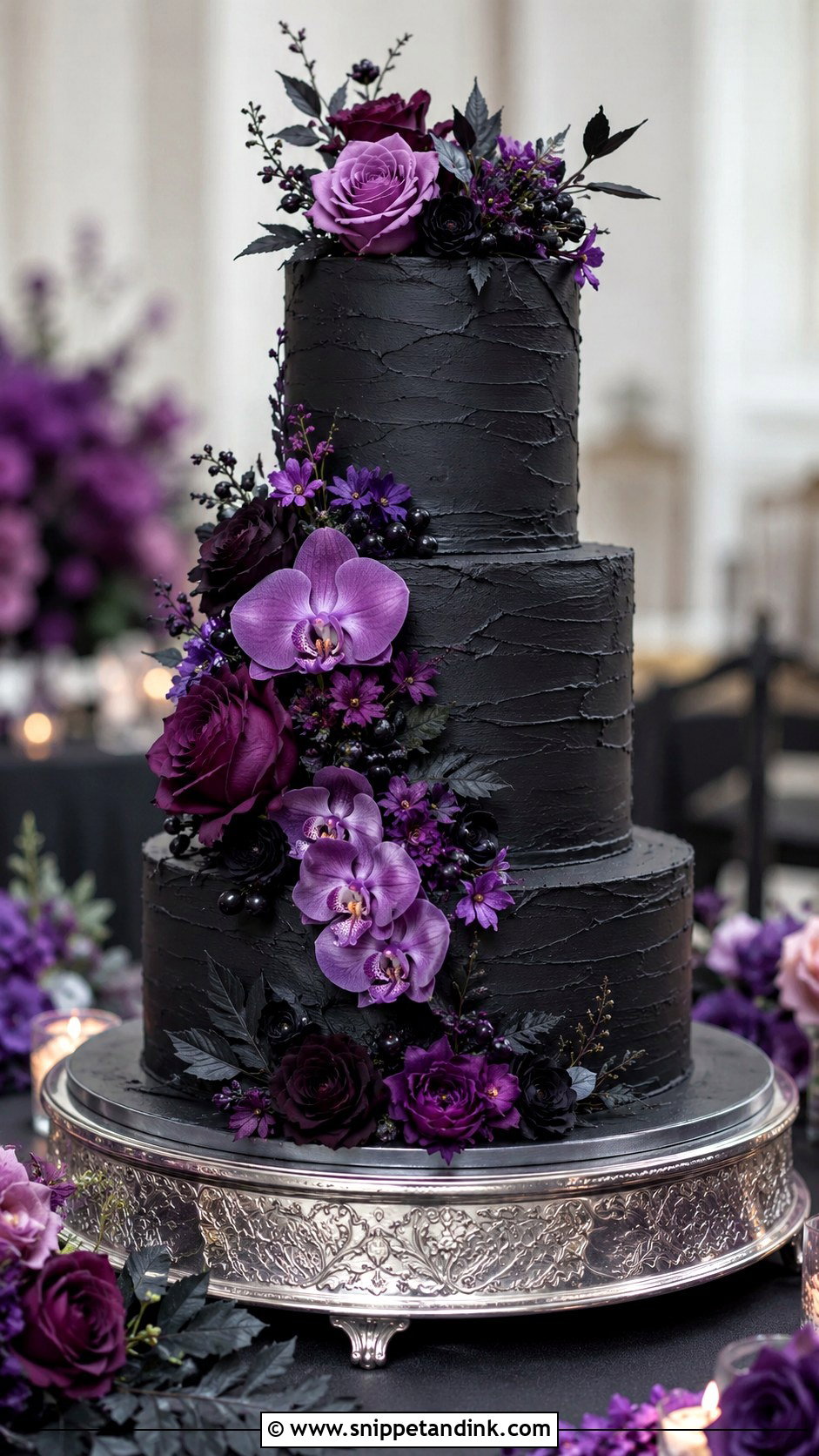 Black Floral Wedding Cake With Purple Flowers - Snippet and Ink - 20 Black Floral Cake Ideas for Wedding