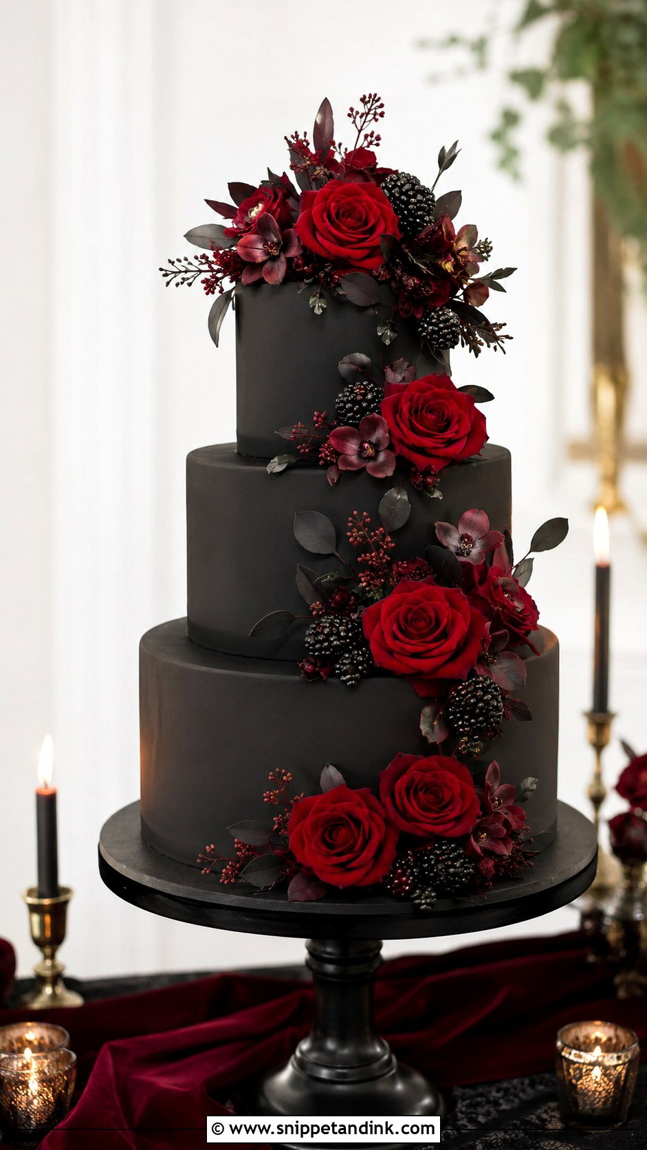 Black Floral Wedding Cake With Red Roses - Snippet and Ink - 20 Black Floral Cake Ideas for Wedding
