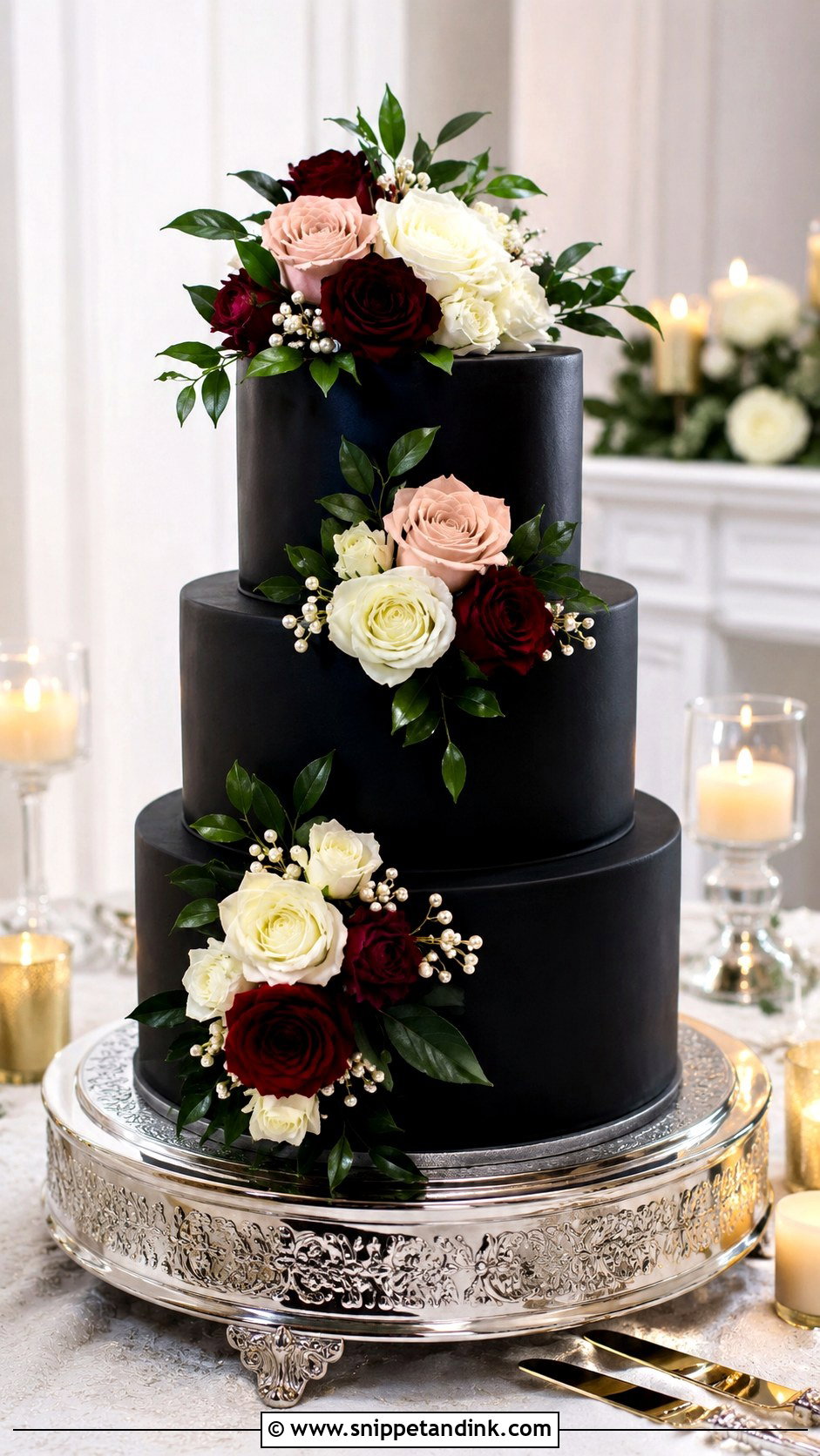 Black Floral Wedding Cake With Roses - Snippet and Ink - 20 Black Floral Cake Ideas for Wedding