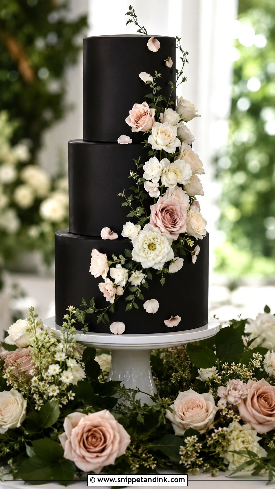 Black Floral Wedding Cake - Snippet and Ink - 20 Black Colour Cake Design Ideas for Wedding